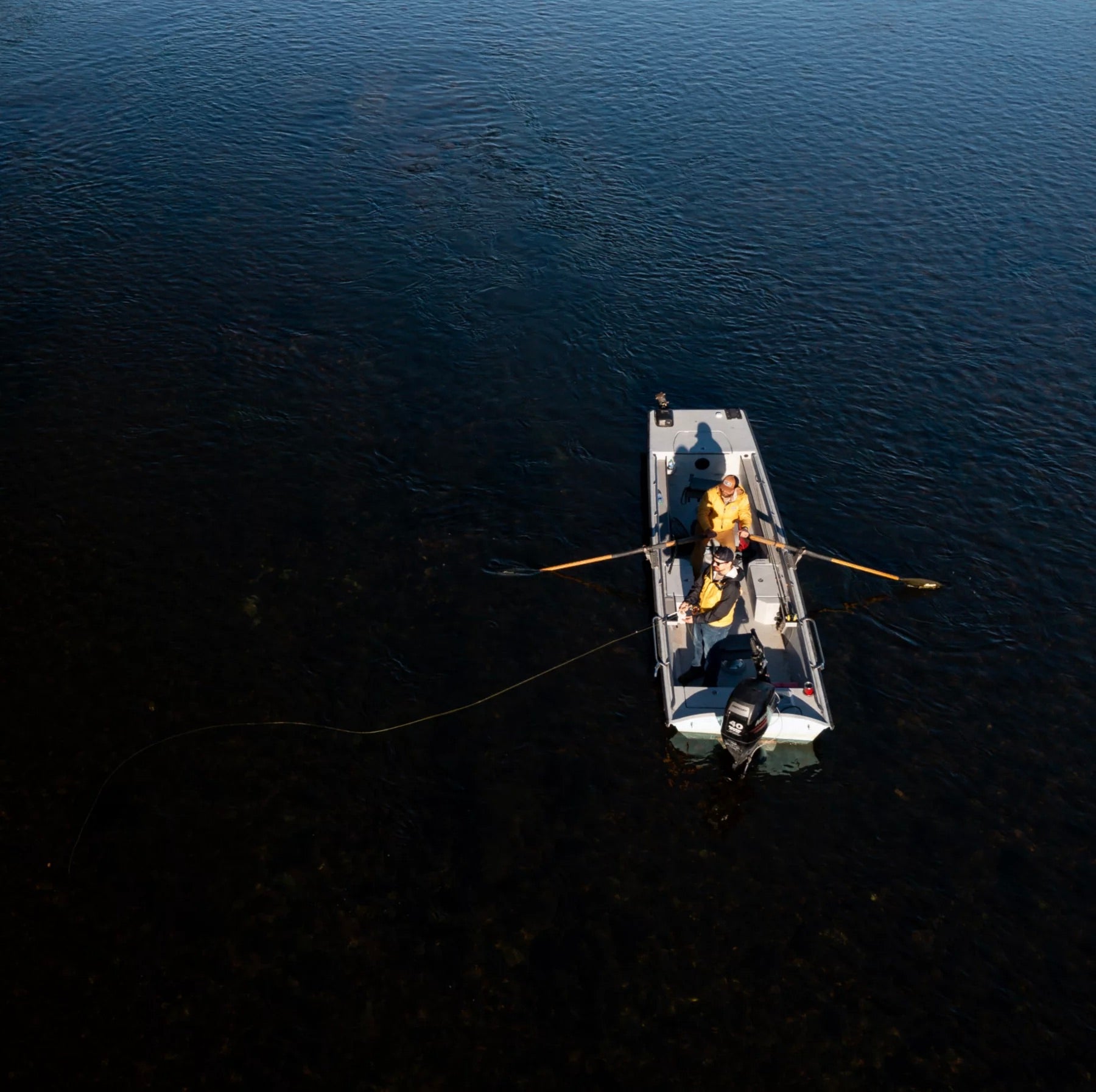Aerial view of a guide boat on the White River