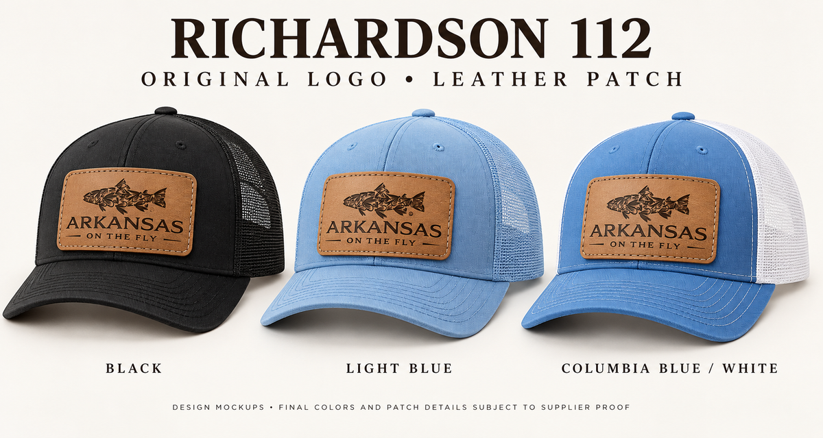 Richardson 112 hat design mockups in Black, Light Blue and Columbia Blue with White, each with the complete original Arkansas On The Fly logo on a tan leather patch.