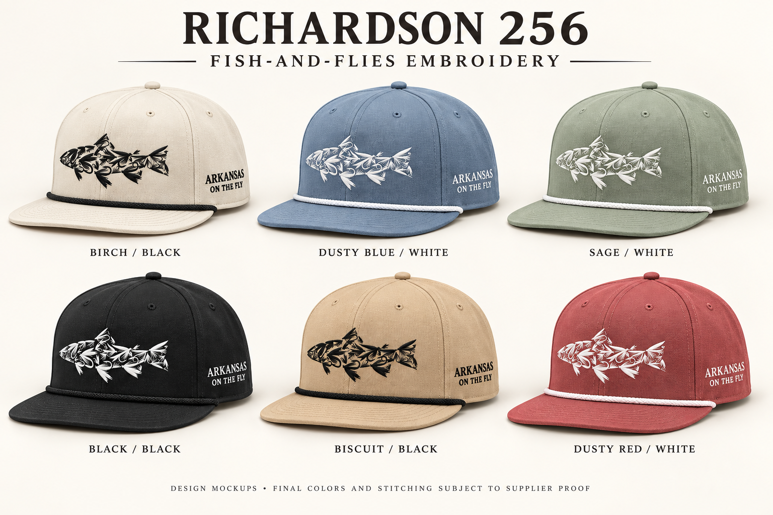 Six Richardson 256 rope-hat design mockups with fish-and-flies front embroidery and Arkansas On The Fly side lettering